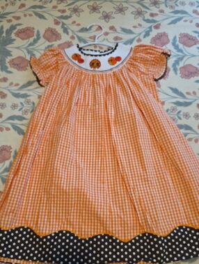 Cactus Orange Gingham Dress with Black Polka Trim